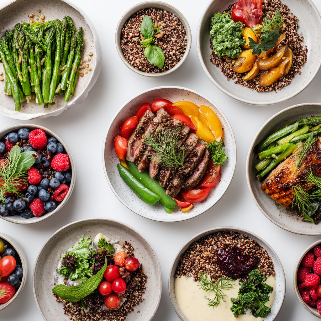 Friss, egészséges ételek gazdagon tálalva egy asztalon